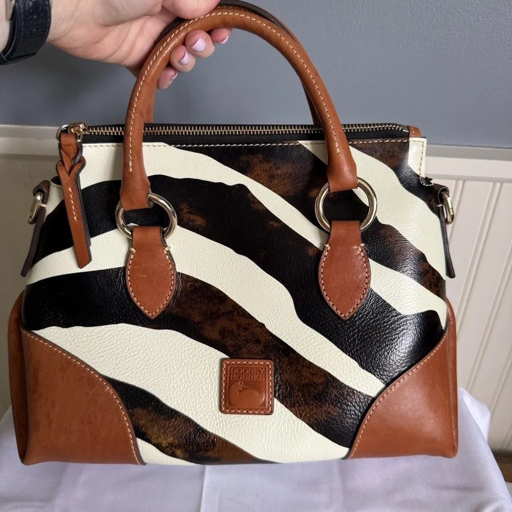 Dooney & Bourke Zebra Leather Satchel 30 Black White Brown Crossbody Bag Purse